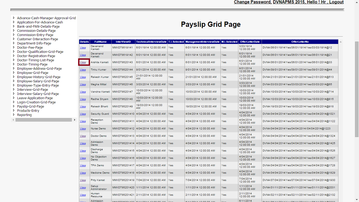 Select Payslip Grid Containts