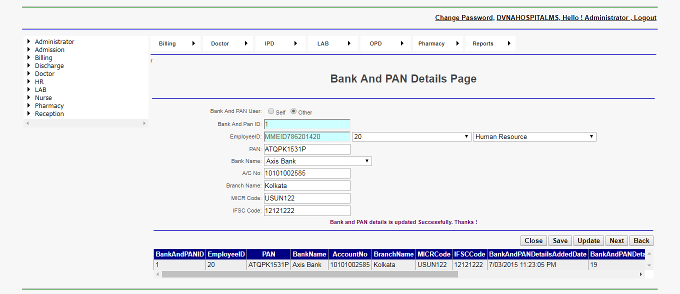DVNAPMS Bank And Pan Details Page