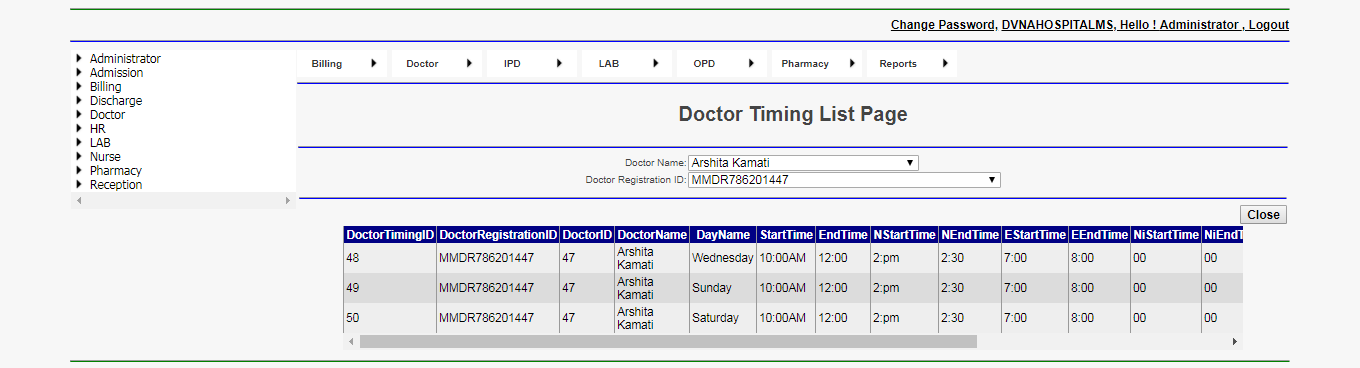 DVNAPMS Doctor Timing List Page
