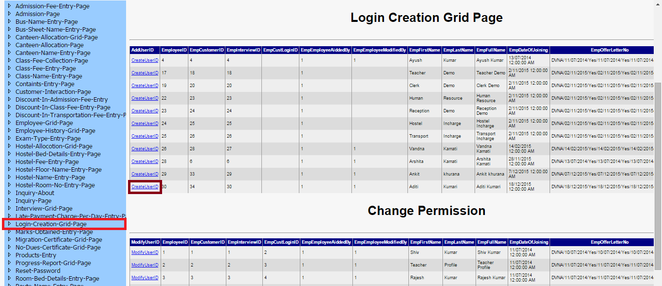 DVNASMS Login Creation Grid Page