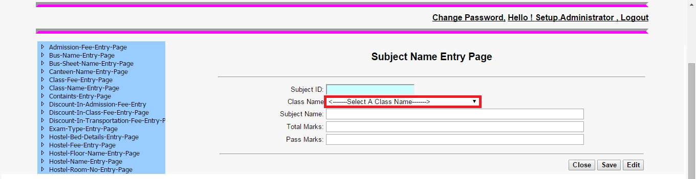School Management System Software | Subject Name Entry Page