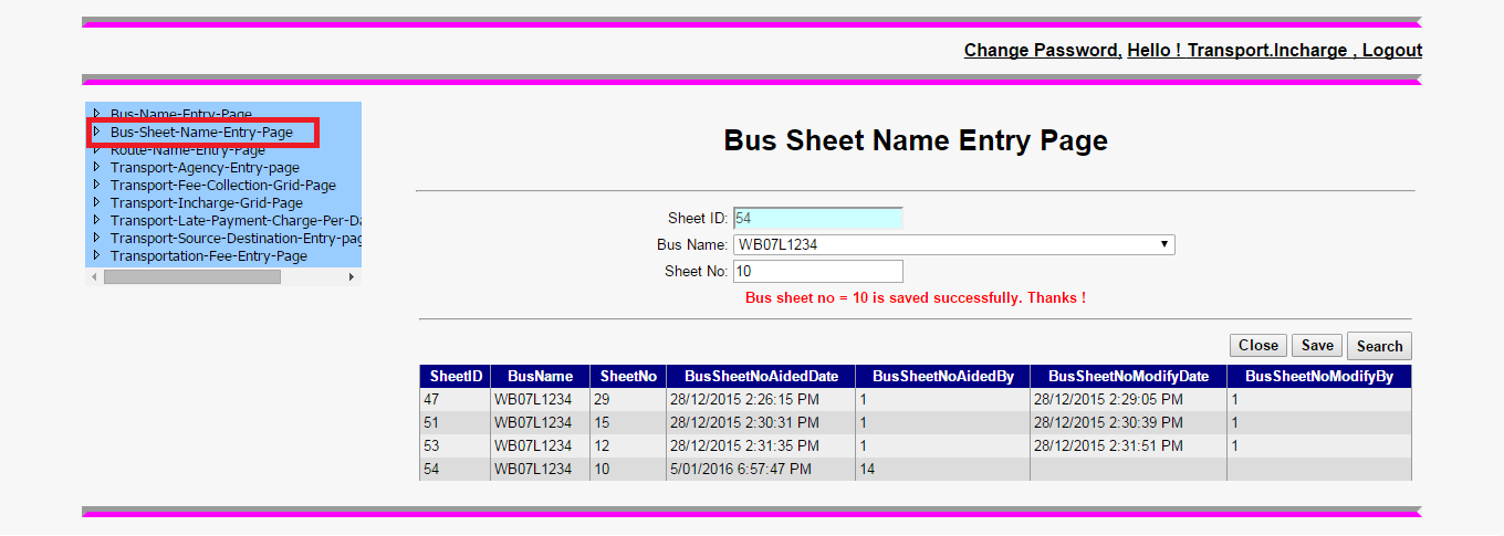 Bus Sheet Name Entry Page