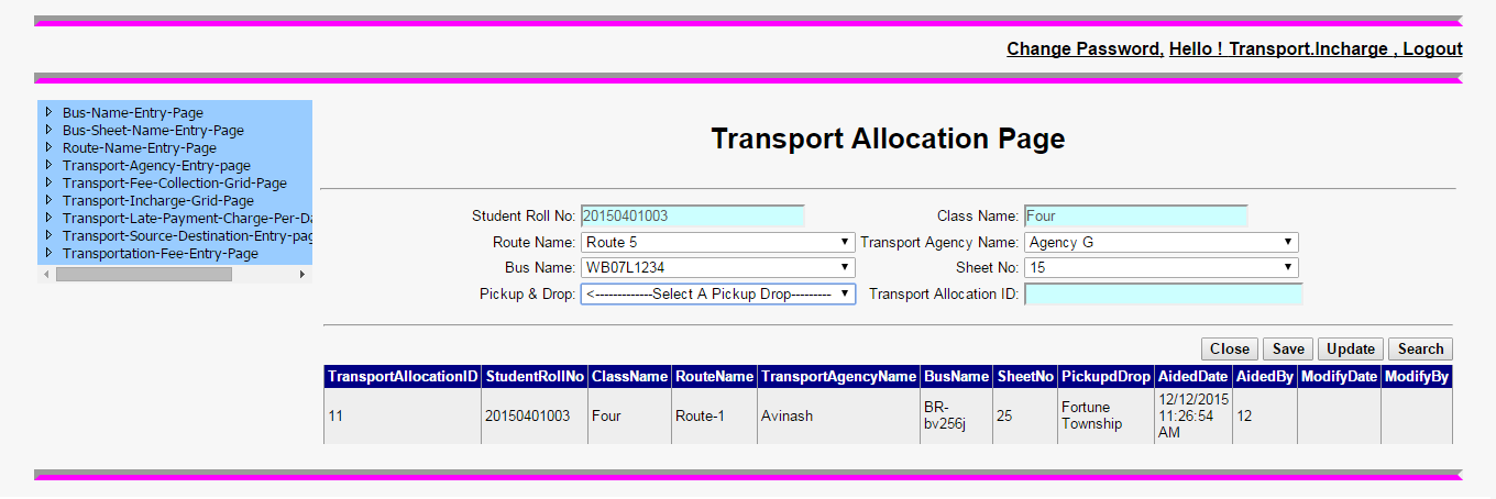 Transport Allocation Page