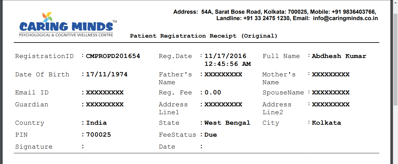 Dvna OPD Patient Registration Receipt